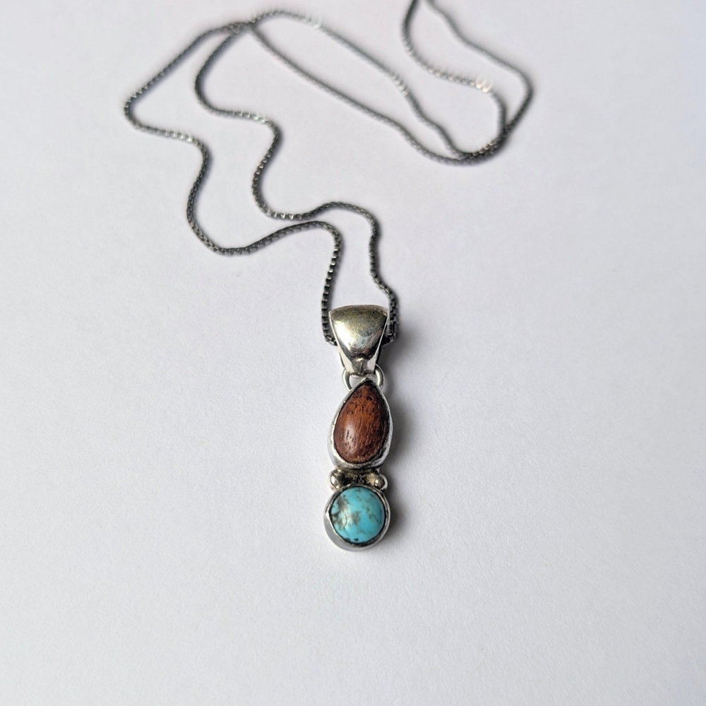 Sterling silver necklace turquoise wood (?) pendant P. Skeets Native American